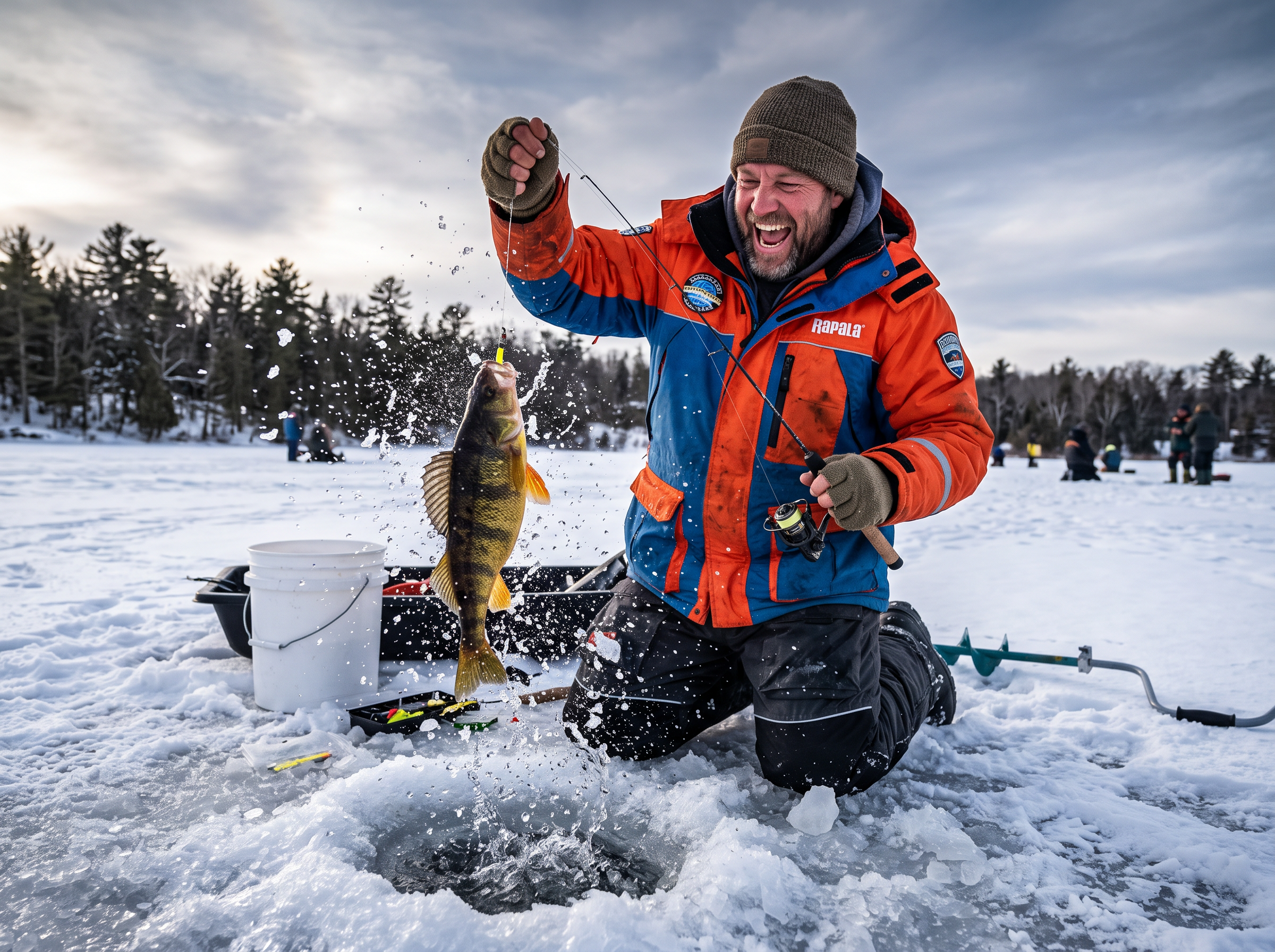 Ice fisherman catching fish through ice hole