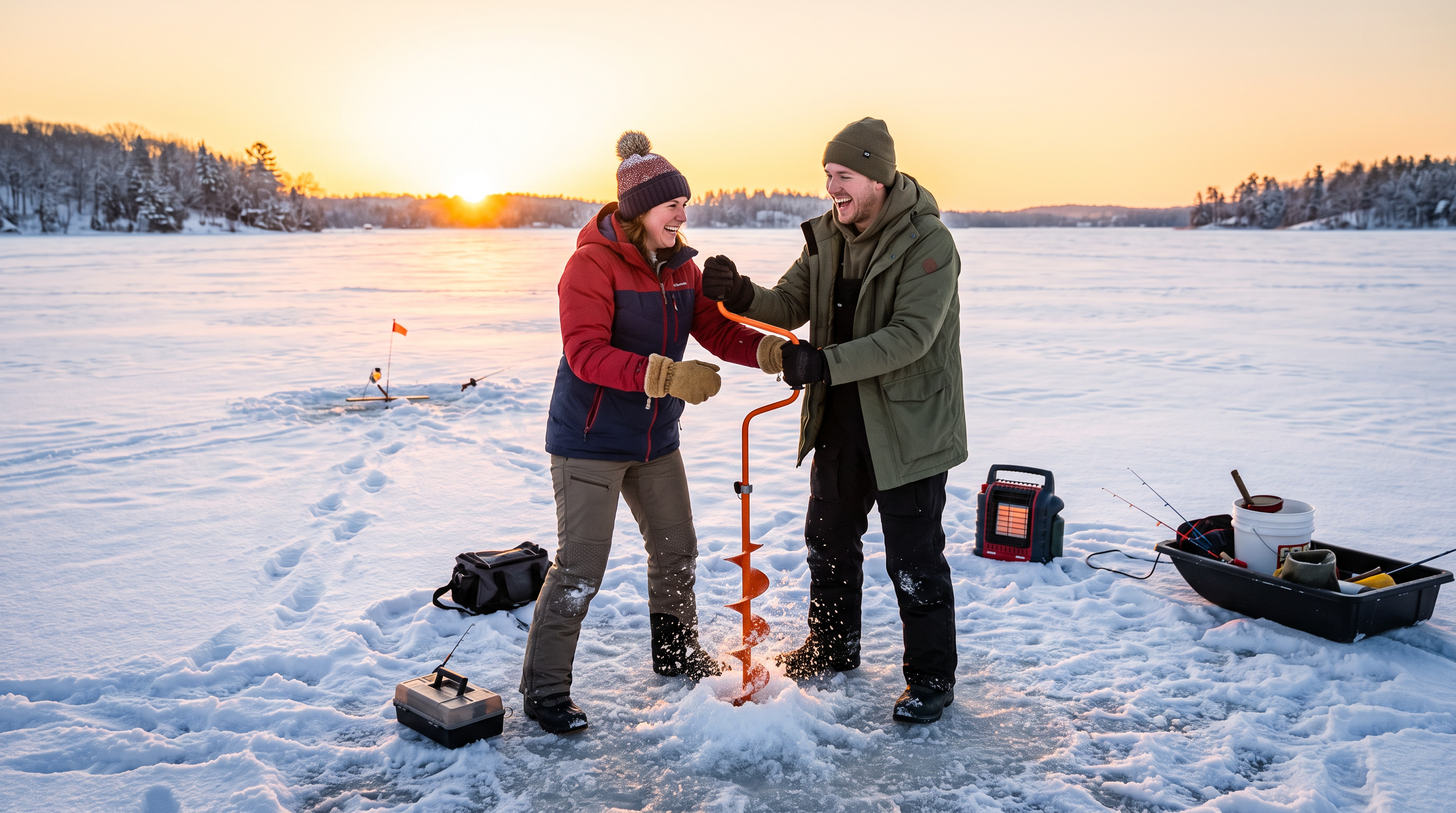 Ice fishermen at sunrise on frozen lake